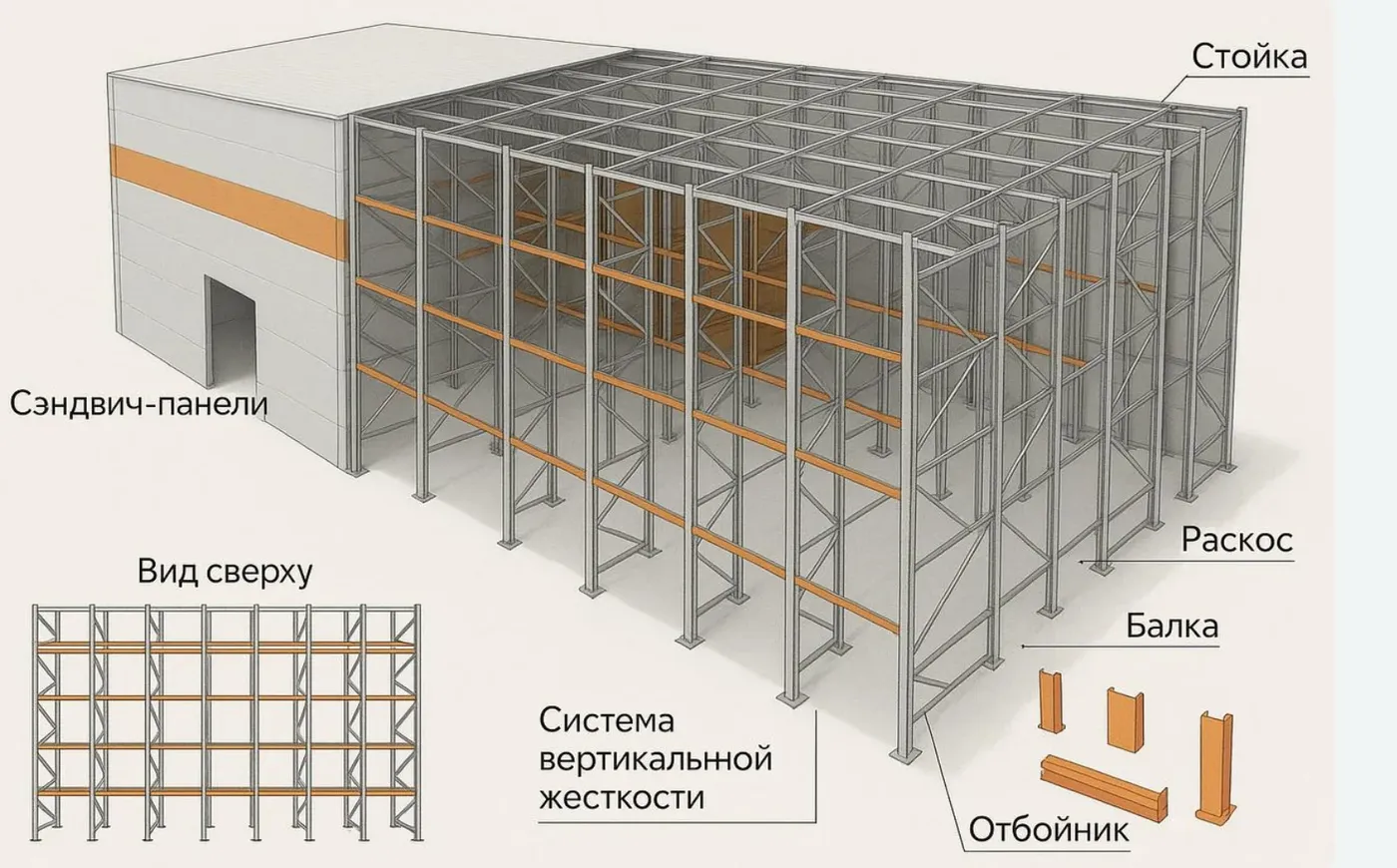 Схема конструкции самонесущего склада: стойки, балки, раскосы, сэндвич-панели, отбойники